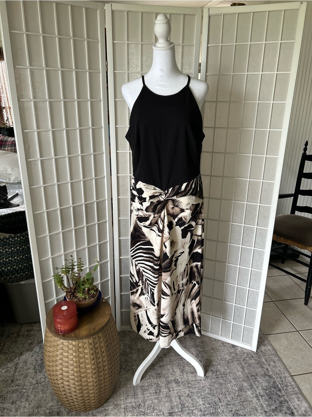 DKNY Colorblock Halter Midi Dress – Black Top & Abstract Print bottom -Size 12